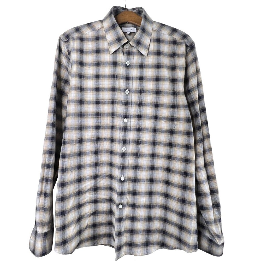 Reiss Collared Shirt Size Small Fame Plaid Button Up Navy Blue Tan Long Sleeve